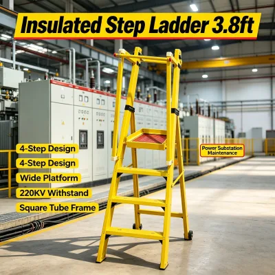 4-Step 3.8ft FRP Fiberglass Non-Conductive Ladder, 220kV Insulated, W/ Handrail, Durable for Lab Inspection & Maintenance