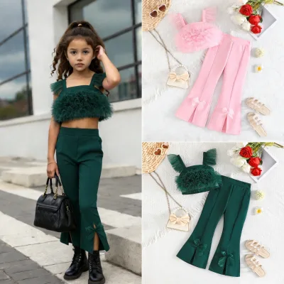 European American Summer Casual Children's Sleeveless Polyester Girl's Mesh Large Flower Sling Suit Two Piece Flame Set