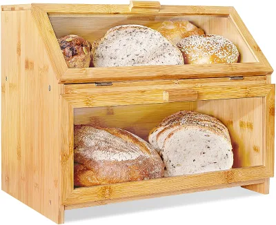 Bamboo Bread Box with Carved Techniques Double Layer Rustic Farmhouse Style Bread Storage Clear Windows for Kitchen Counter
