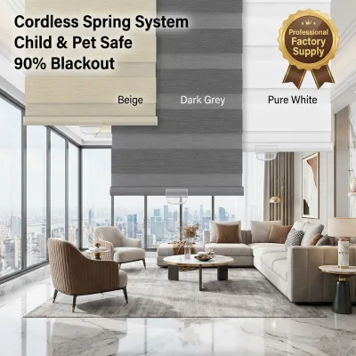 Best Sale Built-In Plain Design Cordless Manual Spring System Horizontal Pattern Blackout Zebra Blind for Home & Office