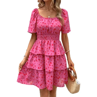 Women's 2024 Bohemian Floral Summer Pleated Short Dress Womens Square Neck Short Sleeve Tiered Ruffle Hem Boho Swing Dresses