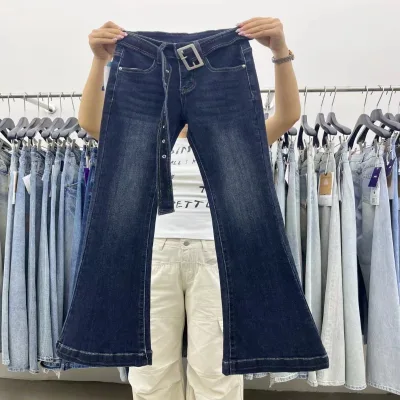 Plus Size Women's Micro Spice Denim Jeans Y2K Style Loose-Fitting Trousers Embroidered Technics Lace Belt Rivet Summer Colored