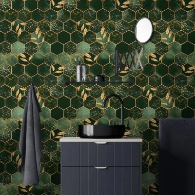 Golden Hexagon Geometrical Mosaic Leaf Modern PVC Peel & Stick Removable Easy Peel off Wallpaper for Living Room