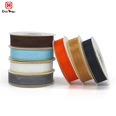Factory Wholesale 25 mm Nylon Organza Ribbon With Gold Wire Sides Solid Colors Gift Ribbon for Gift Wrapping