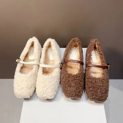 Womens Fur Mary Jane Flats PU Lining Square Toe Buckle Strap Textured Casual Shoes for Autumn Winter and Spring Everyday