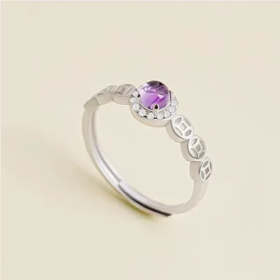 New Women's Chinese-style Ethnic Retro Hollowed-Out Copper Coin Pattern Purple Crystal Gemstone Inlaid Engagement Anniversary