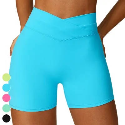 Women's Summer High Waist Gym Fitness Shorts Cross-Design Yoga Shorts Butt Lift Feature Running Sweatpants-XL Size Made Spandex