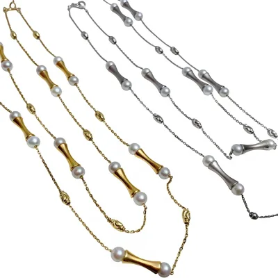 Ehao Jewelry 18K Gold Pearl Necklace Chinese Style Bamboo Joint Chain Stacked Wear Women's White Round Beads 3.5g