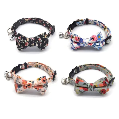 Hot Selling Luxury Adjustable Nylon Pet Cat Dog Collar with Small Floral Bow Tie and Bell Safety Breakaway Print Design