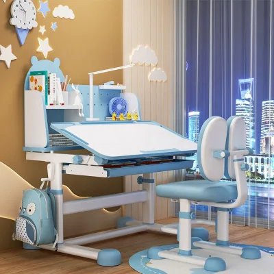 Ergonomic Kids Study Desk Chair Set Adjustable Height Tilting Tabletop Storage Drawer Bookshelf Blue White Furniture for Home