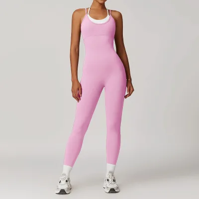 Fashion Two Tone Sports Bodysuit Layered Design Booty Sculpting Open Back pink Jumpsuit for Women Yoga Sports
