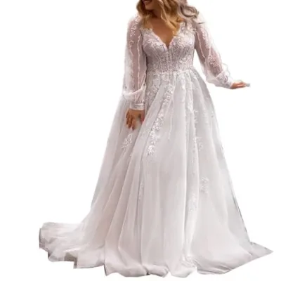 Long Sleeves Bride's Wedding Dresses Plus Size V Neck Tulle With Lace Appliques Beaded Sheer Corset a Line Bridal Wedding Gowns