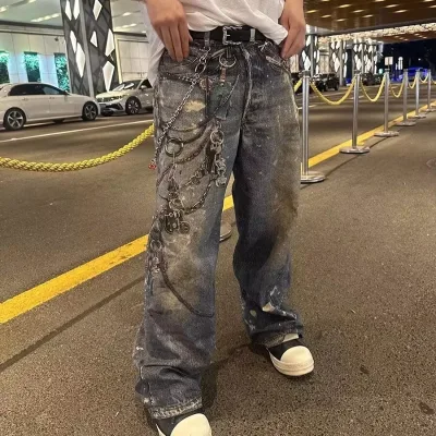 Vintage Denim Cargo Pants 3D Digital Printing Trompe L'oeil Print Straight Leg High Waist Streetwear Breathable Autumn