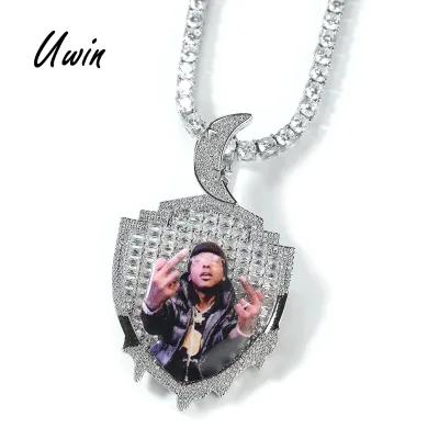 Vintage Baguette CZ Memory CZ Custom Photo Pendant Moon Stars Picture Charms Necklace Gold Plated Rope Chain