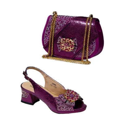 High Quality Open Toe African Shoes and Bag Set Nigeria Party Summer Autumn Button High Heels Sandals Matching Clutch with Stone
