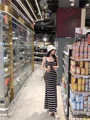 Women Spaghetti Strap Striped Knit Body Con Maxi Dress U Neck Slim Fitted Guangdong Casual Daily Wear