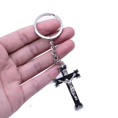 Wholesale black cross pedant keychain catholic keychain