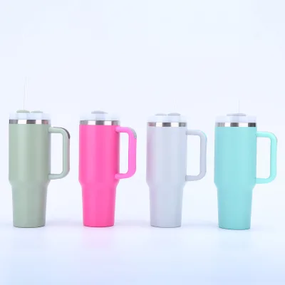 Matte Black Stainless Steel Vacuum Tumbler With Large Handle Flip Straw Lid Thermal Travel Cup Custom Print Available