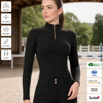 Women Black Equestrian Top Long Sleeve Half Zip Rose Gold Rhinestone Eco Friendly Polyester Textile Moisture-Wicking Breathable