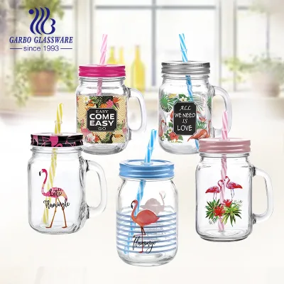 Hot Sale 450ml Sustainable Beverage Glass Mason Jar with Flip Top Lid and Flamingo Designs