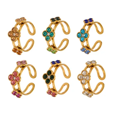 Hot Sale 18k Gold Plated Stainless Steel Cubic Zirconia Four Leaf Clover Open Ring for Women