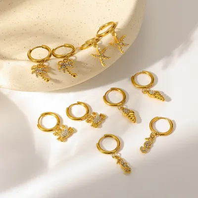 Waterproof Stainless Steel Ocean Theme Hoop Earrings Starfish Crab Conch Seahorse Palm Tree Dainty Drop Earrings for Women
