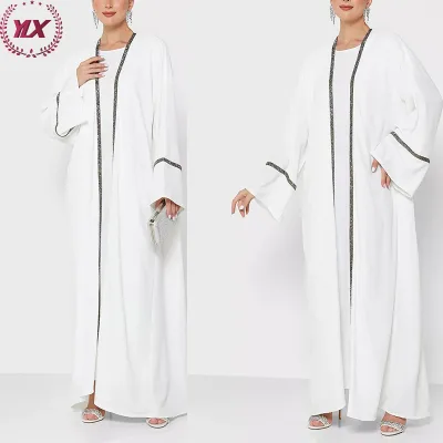Latest Elegant Black Stripe Trim Soft Fabric White Abaya Women Muslim Dress 2023 Dubai