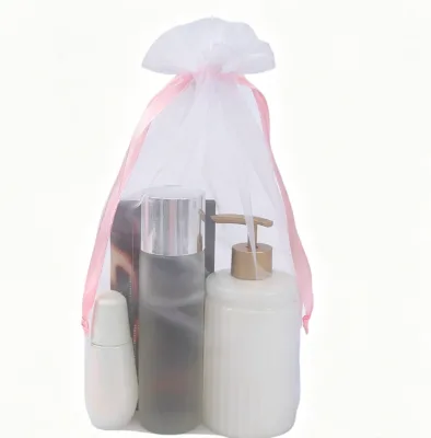 Wholesale Big Size Organza Drawstring Gift Bag Sheer Mesh Satin Ribbon Closure Custom Printed Logo for Large Cosmetic Bottles