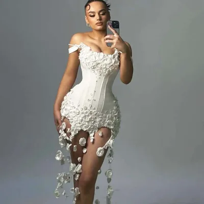 High Quality European American Womens Strapless Bandeau Sexy Sheath Red White Mini Dress Gown High-end Formal Tassel Style