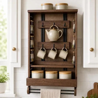 Wall Mounted Kitchen Organizer Rack Wooden Tea Station Storage Shelf with Hooks for Mugs Spice Jars and Towel Holder