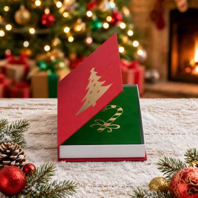 Woven Linen & Flocked Faux Book Gift Box Red Green Christmas Stackable Book Storage Case