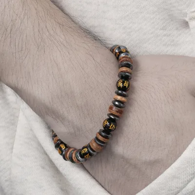 Vintage Wood Bead  Natural Black Gallstone Volcanic Stone Stretch  for Men