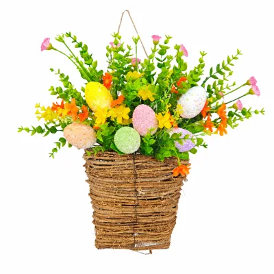Easter Wreth Basket Centerpiece Glitter Sugar Coated Eggs Spring Flowers in Rustic Woven Twig Basket for Wall Hanging Home Decor