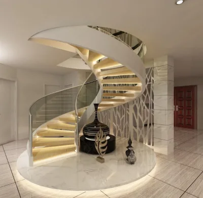American Standard Luxury Matte Black Stringer Wood Steps with Led Lights Curved Stairs with Glass Railing From Foshan