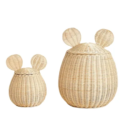 Kids Bedroom Decor Rattan Mouse Shaped Storage Basket Box with Lid Cute Animal Baskets Baby Bedroom Decoration