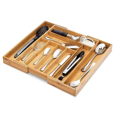 Bamboo Rectangular Cutlery Organizer Kitchen Drawer Utensil Storage Box Expandable Grid Lines Wooden Knife Holder Divided