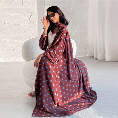 Wholesale Modest Islamic Polyester Fabric Robe Long Sleeve Floor Length Abaya Matching Scarf Anti-Wrinkle Women Clothing