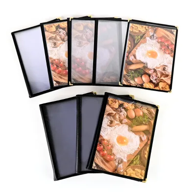 Gold Corner Leather Menu Folder A4 Transparent PVC Recipe Book Loose-Leaf Hotel & Restaurant Menu Clip & Price List Holder