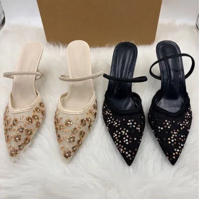 Ladies Sequins Mesh Stiletto Mule Heel Single Strap Backless Flower High Heel Sandals Luxury Wedding Banquet Formal Dress Shoes