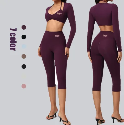 Eco-friendly Renewable 3 Piece Yoga Set Short Blouse High Waist Custom logo Yoga Set Halter Neck Yoga Set