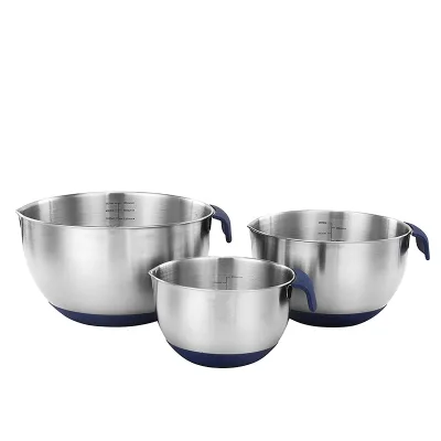 Set of 3 Multipurpose Economy Silicone Handles and Base Salad Bowl Stainless Steel Mixing Bowl Set