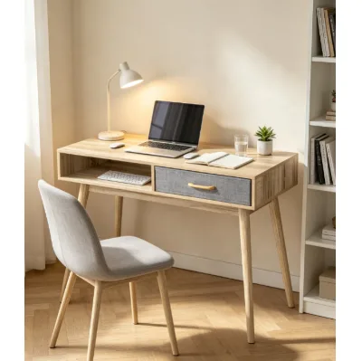 Nordic Style Desk with Open Shelf & Fabric Drawer, Compact Home Office Desk