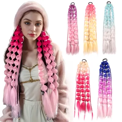 24-Inch Soft Ombre Color Synthetic Hair  Braided Ponytail Extension Jumbo Bubble Twist Ponytails Hair Bulk