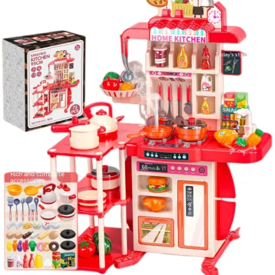 2023 New Design 73 PCS Luminous Real Water Outlet Simulation Kitchen Toy Set 95cm Kids Plastic Cooking Toys