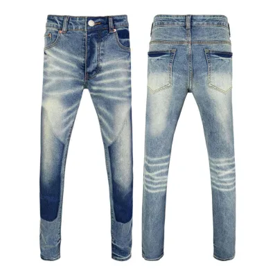 Vintage Washed Gradient Blue Straight Knitted Autumn Print Streetwear Retro Whiskering Distressed Patchwork Denim Pants for Men