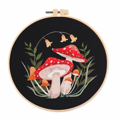 Mushroom Floral Embroidery Kit for Beginners DIY Stamped Sewing Kit Embroidery Hoop Embroidery Starter Kit with Flower
