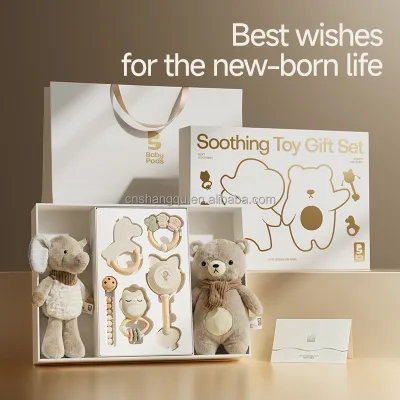 Vsuch Newborn Soothing Toy Gift Set Soft Plush Doll Wooden Rattle Teether Toy Box for Baby Shower Birthday Present