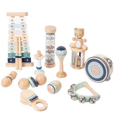 Montessori Wooden Toys 12pcs Percussion Instruments Set with Xylophone, Preschool Educational Musical Instruments for Kids