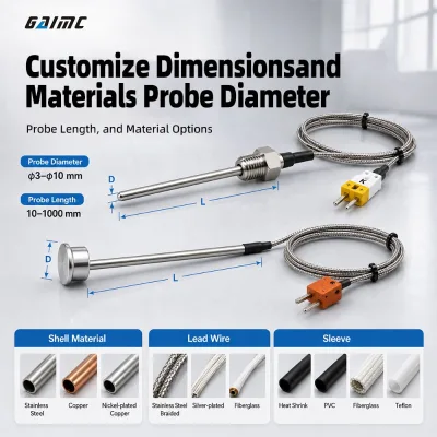 GAIMC GTS400 Factory OEM ODM K J Type Thermocouple Probe SS304 Braided Lead Customizable Length Diameter 3-10mm 0-1100C