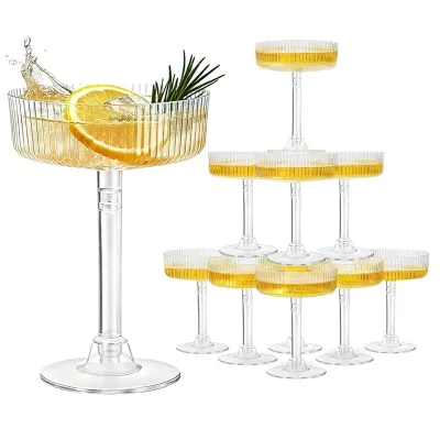 BST 150ml Disposable PET Plastic Martini Margarita Cocktail Glasses Striped Stemware for Coffee Shops Dessert Party Use